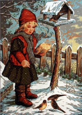 Art 912C κοριτσάκι ταϊζει πουλάκια στο χιόνι
